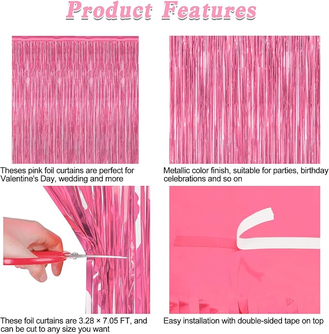 2 Pack Pink Party Decorations, 3.28 FT x 7.05 FT Pink Backdrop, Metallic Tinsel - Image 4