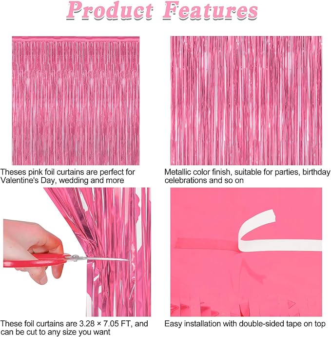 4 Pack Birthday Decorations, 3.28 FT x 7.05 FT Pink Backdrop, Metallic Happy - Image 4
