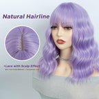 NOBLE Short Curly Purple Bob Wig with Bangs for Girls and Women Shoulder Length Heat Resistant Synthetic Wig Bob Curly Loose Wavy Hair Wigs for Halloween Cosplay 12 Inches