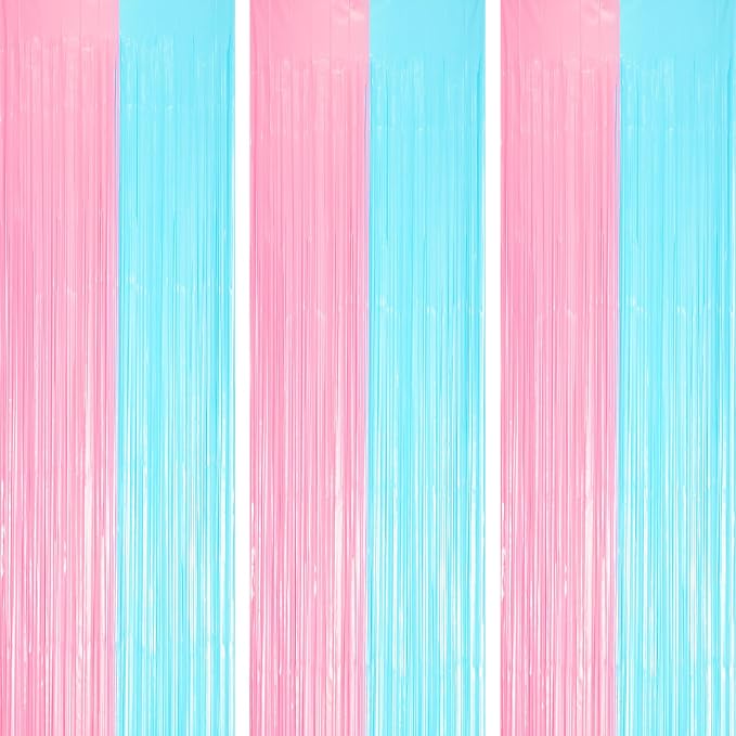 Voircoloria Pastel Blue Pink Foil Fringe Backdrop Curtains, 3 Pack by Voircoloria