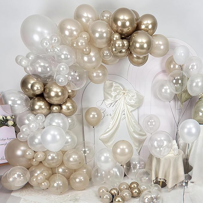 Pearl White Sand Metallic Light Gold Balloons Garland Arch Kit as Engagement - Image 4