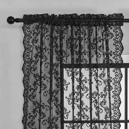 Black Lace Curtains 96 Inches Long 2 Panels Vintage French Floral Sheer - Image 3