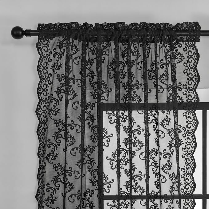 Black Lace Curtains 84 Inches Long 2 Panels Vintage Paisley Floral Sheer - Image 4