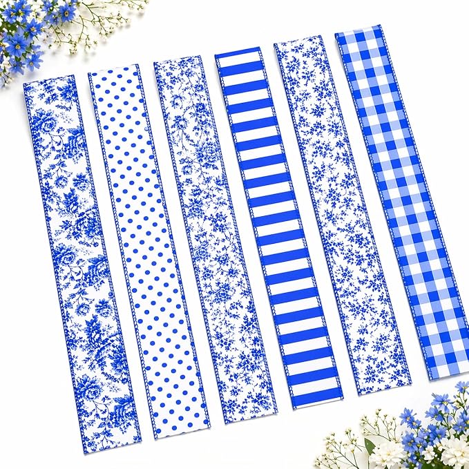Blue and White Wired Ribbon Set, 6 Rolls 2.5 Inch Decorative Ribbon, - Image 4