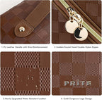 Prite Makeup Bag for Women Travel Waterproof Vegan Leather Cosmetic Bag Open Flat Toiletry Bag With Clear Divider and Handle (Plaid Brown)