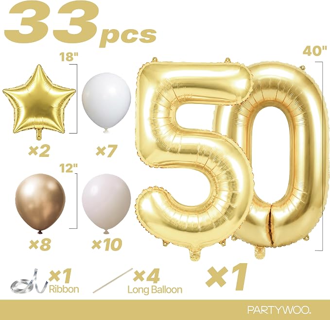 PartyWoo Number Balloons 40 Inch Gold Number 50 Kit 33pcs - Image 2