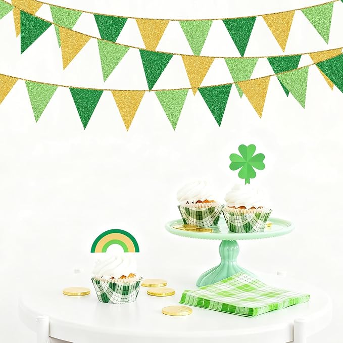 Green Gold Party Decorations Pennant Banner Flag Glitter Green Gold Triangle - Image 7