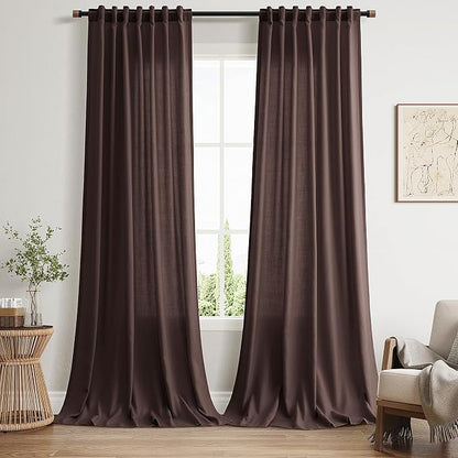Linen Curtains Semi Sheer Coffee Brown 96 Inches Long 2 Panels Set by Nanspring
