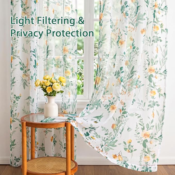 MYSKY HOME Green Floral Sheer Short Kitchen Curtains 54 Inch Long 2 Panels | - Image 4