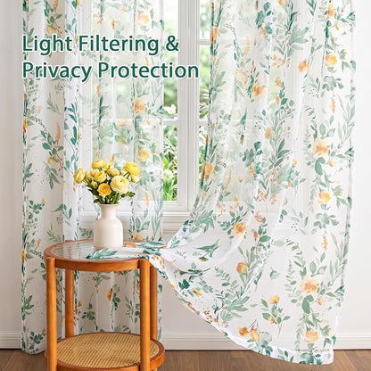 MYSKY HOME Green Floral Sheer Short Kitchen Curtains 54 Inch Long 2 Panels | - Image 4