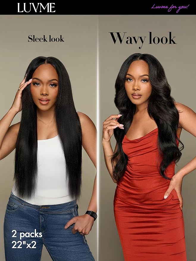LUVME Yaki Straight Seamless 2 Pack 220g 14Pcs Clip in Hair Extensions Full Max with 16inch Natural Black 100% Real Soft Human Remy Human Hair Extensions