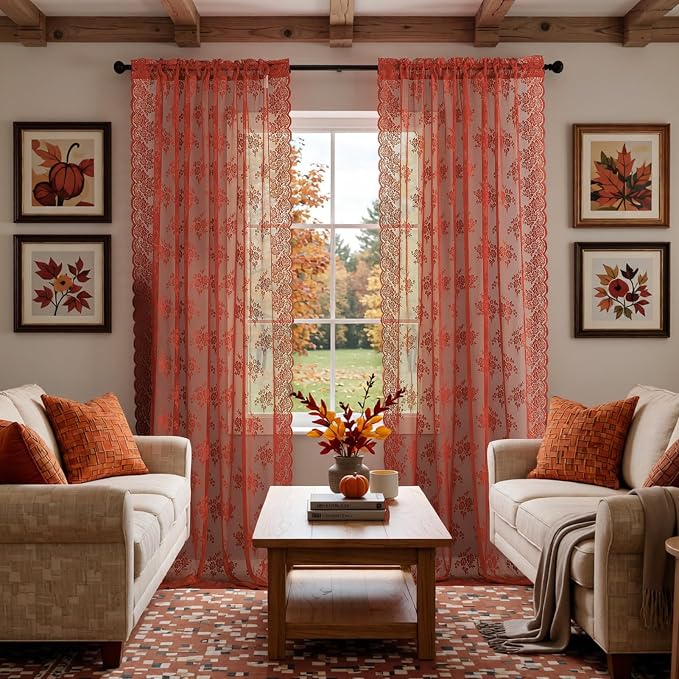 Kotile Burnt Orange Floral Lace Curtains - Image 4
