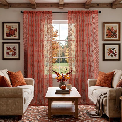 Kotile Burnt Orange Floral Lace Curtains - Image 4