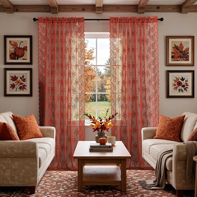 Kotile Burnt Orange Sheer Lace Curtains by Kotile+Curtains