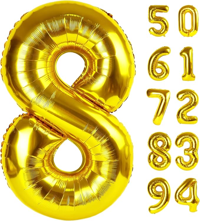 Gold 8 Balloon - Number Balloon 40 Inch, 8th Gold Birthday Decorations | Giant by IWERP