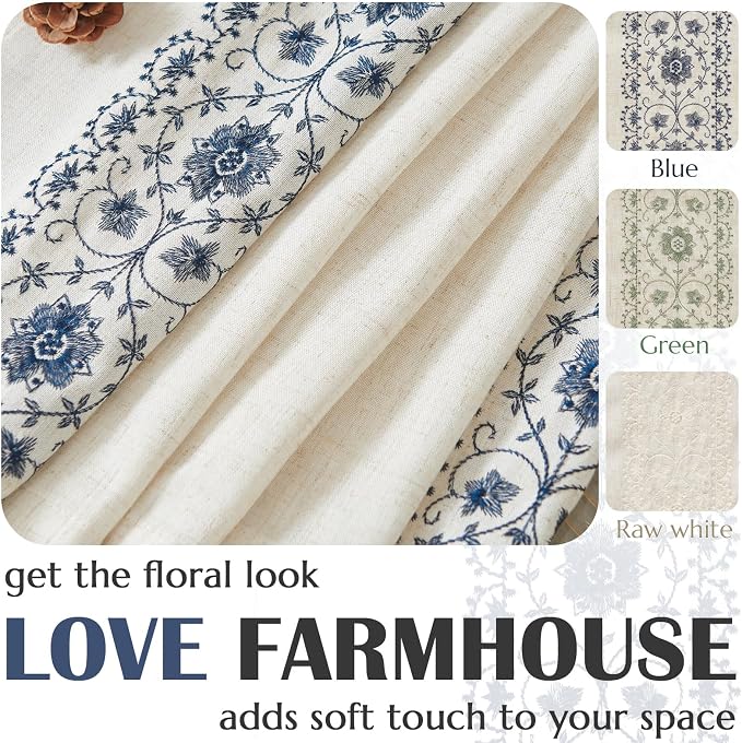 jinchan Blue Floral Embroidered Linen Kitchen Curtains 54×45 Inch 2 Panels | - Image 7