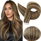 Full Shine Human Hair Extensions Color 4 Brown Highlight 27 Blonde Tape in Hair Extensions 18Inch Long Straight Skin Weft Seamless Invisible Extension for Bridal Hairstyles 100G 40Pcs