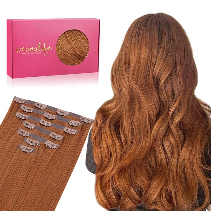 WENNALIFE Seamless Clip In Hair Extensions Human Hair, 22 Inch 150g 7pcs Dirty Ginger Real Hair Extensions Clip in Human Hair Invisible PU Skin Weft Natural Remy Human Hair Extensions