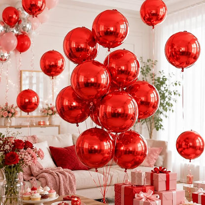 10Pcs Red Round Foil Balloons, Metallic Red Foil Baloon - Image 4