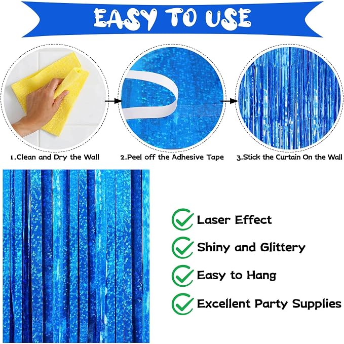 Blue Tinsel Foil Fringe Curtain Backdrop, 3.3 x 8.2 ft Metallic Glitter Curtain - Image 4