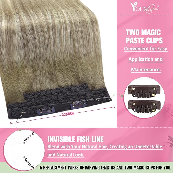 YoungSee 135G Wire Hair Extensions Ombre Blonde Invisible Wire Human Hair Extensions Ash Blonde to Platinum Human Hair Fish Line Extensions Long Straight Hair 24Inch