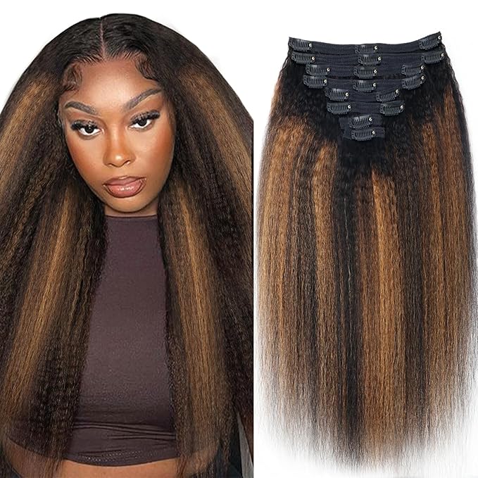 T1BP1B/30 Omber Kinky Straight Clip in Hair Extensions Real Human Hair For Women Highlight Hair Extensions Kinky Straight Clip ins(18inch,T1BP1B/30)