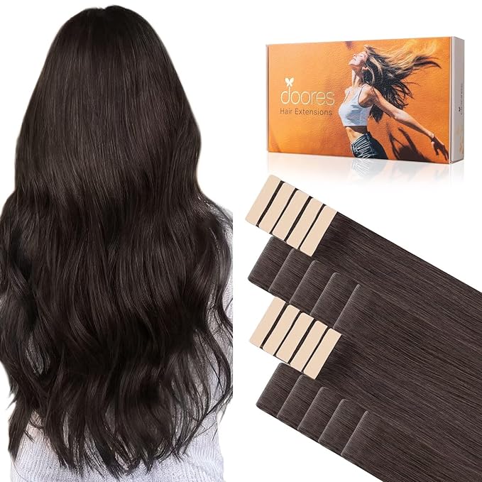 DOORES Invisi Edge Tape in Hair Extensions Human Hair, Light Dark Brown 10 Injection Tapeins with 10 Classic Tapeins 50g 22 Inch, Injected Tape in Extensions Straight