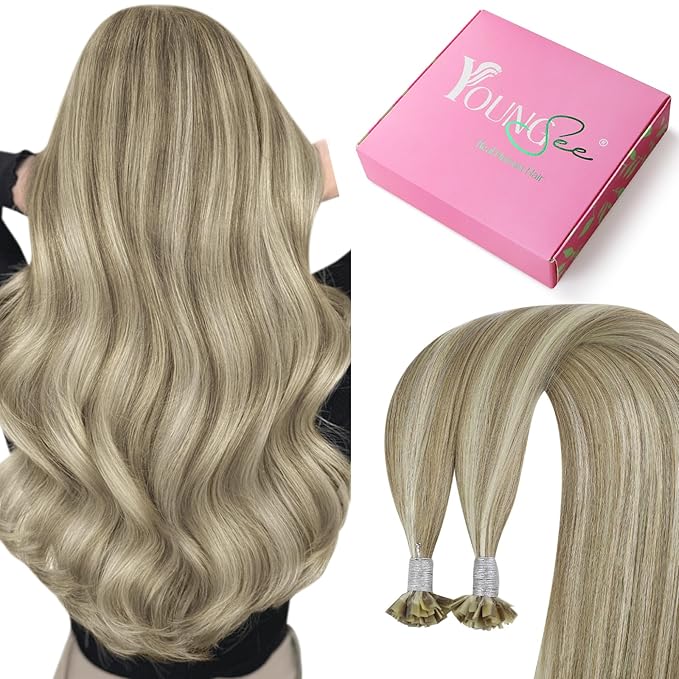 YoungSee K Tip Hair Extensions Real Human Hair Light Brown K Tip Extensions for Women Light Brown Highlight Blonde Hair Extensions K Tip 22in Ktip Hair Extensions Remy Human Hair Straight 50s/50g
