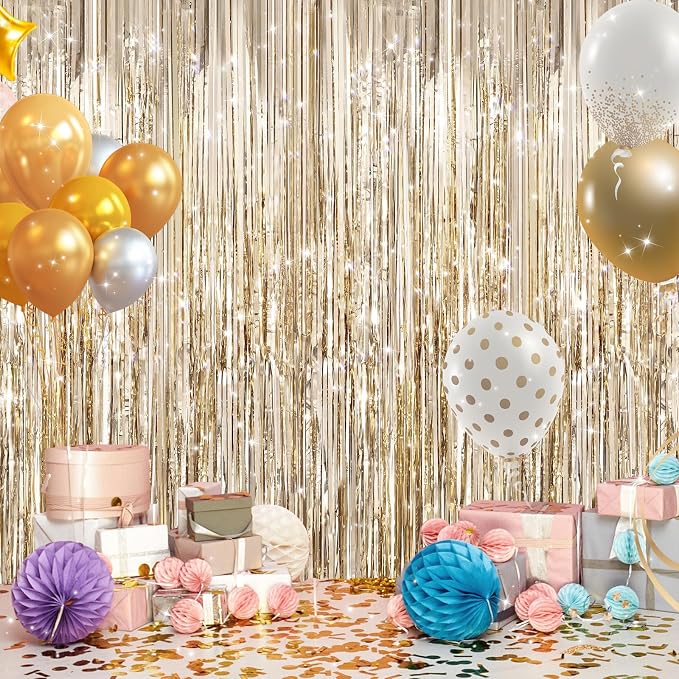 2Pack Champagne Gold Foil Fringe Backdrop Curtains, Tinsel Door Streamers - Image 5
