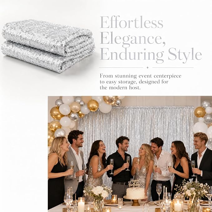 ShinyBeauty 4 Panels Silver Sequin Backdrop Curtains 2x8ft Birthday Party | - Image 4