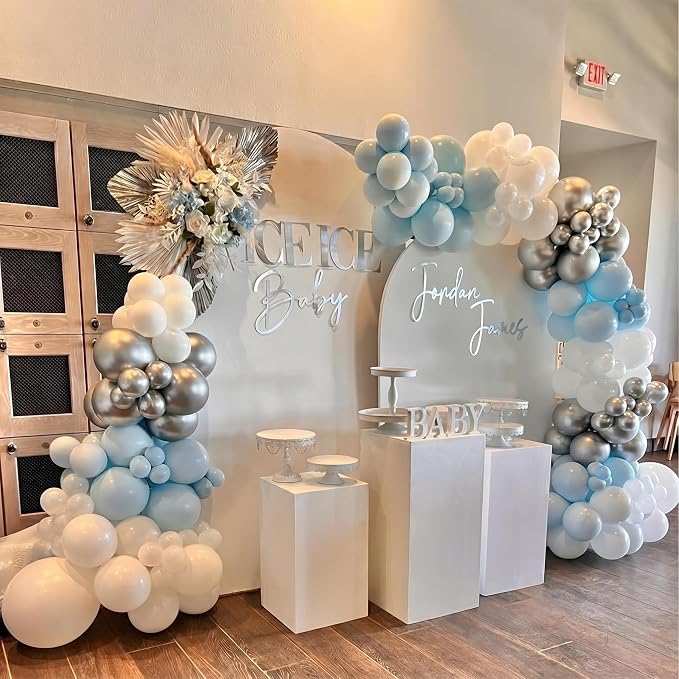 Dusty Blue Balloons, 12 Inch Double Stuffed Fog Slate Light Baby Blue Pearl - Image 2
