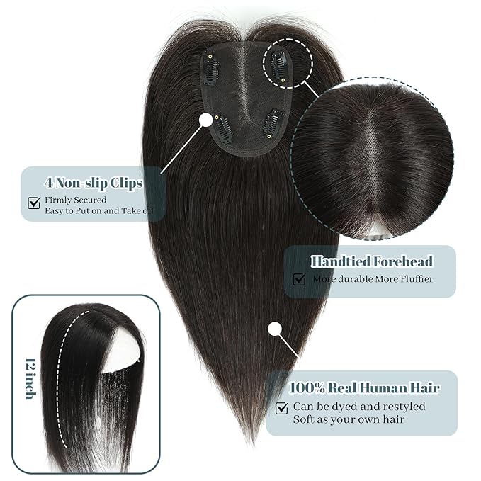 Human Hair Toppers for Women Real HairTopper with Thinning Hair 120% Density Round Shaped Swiss Base Hair Pieces 40g-Dark Brown(12inch, 2#)