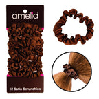 Amelia Beauty, Brown Satin Small Scrunchies, 12-Pack – No Damage Hair Ties for Women, Gentle & Durable Hair Accessories, 2.5in x 0.5in