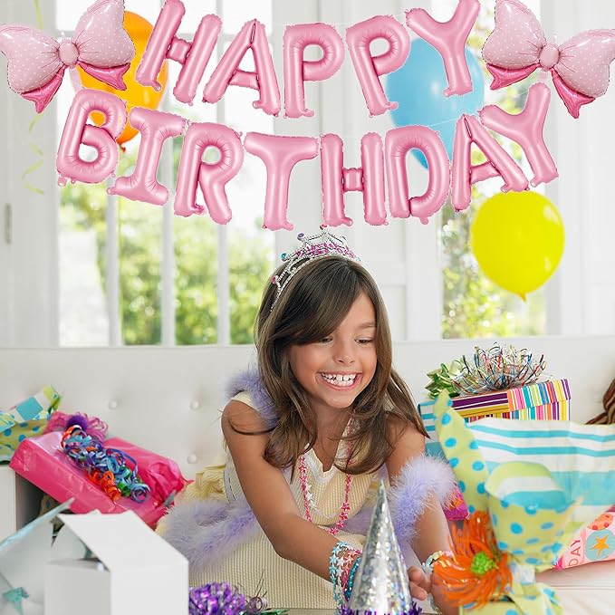 16 Inch Pink Happy Birthday Balloons Letters Banner & 2PCS Mini Bow Balloons - Image 5