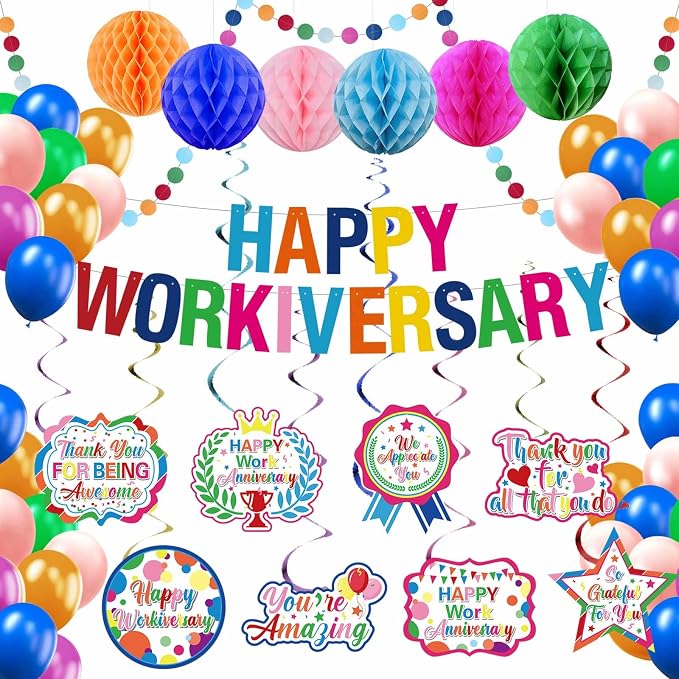 Work Anniversary Decorations, Pre-Strung Iridescent Happy Workiversary Banner by GOGOBAY