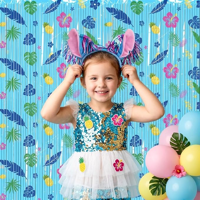 2 Packs Blue Foil Fringe Curtain, Hawaiian Element Pattern Metallic Tinsel - Image 2