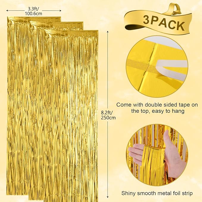 Voircoloria 3 Pack 3.3x8.2 Feet Gold Foil Fringe Backdrop Curtains, Tinsel - Image 3