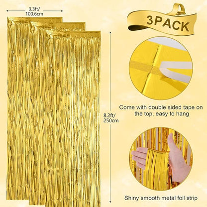 Voircoloria 3 Pack 3.3x8.2 Feet Gold Foil Fringe Backdrop Curtains, Tinsel - Image 3