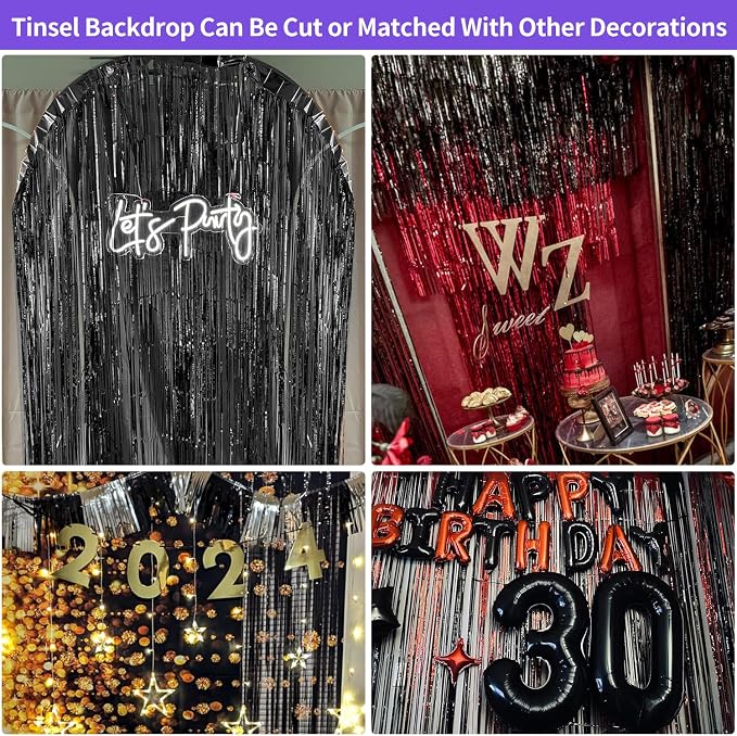 JINSUI Black Tinsel Backdrop 3.3x8.2ft, 2 Pack Foil Fringe Curtains Decor - Image 5