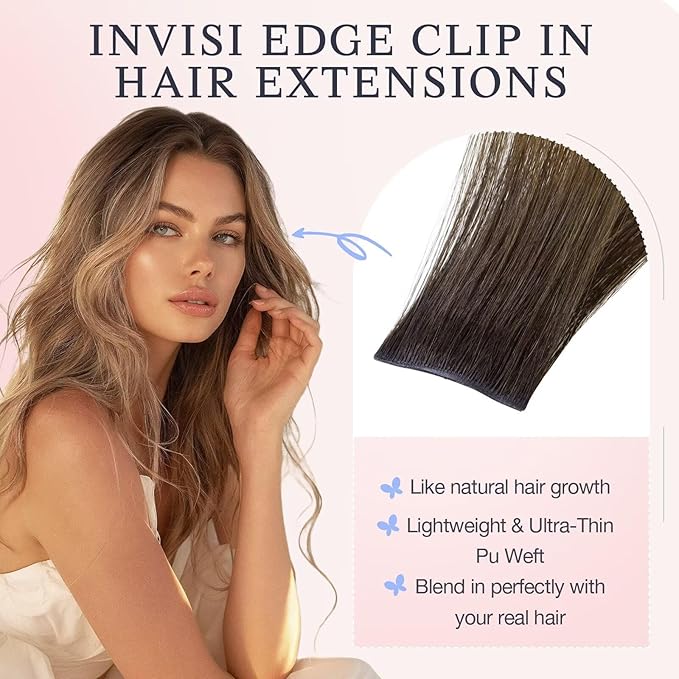 DOORES Invisible Clip in Hair Extensions 22 Inch 110g 7pcs, Real Human Hair Invisi Edge Virgin Clip ins Extensions Straight Thickening, 1D/2C/4E Natural Black to Dark Brown and Chocolate Brown