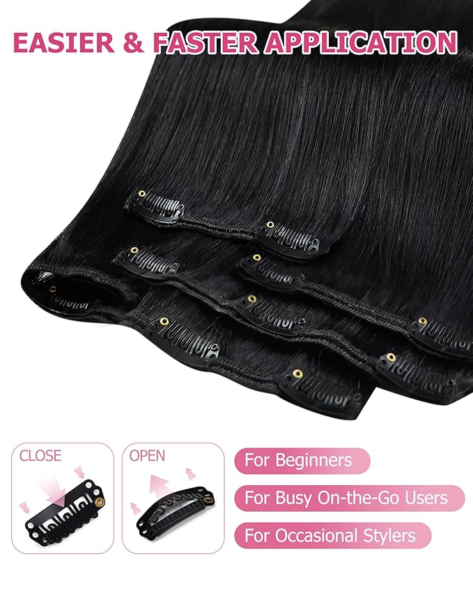 YoungSee 135G Clip in Hair Extensions Black Clip in Human Hair Extensions Jet Black for Women Straight Hair Extension Clip ins Add Volume 16Inch 7Pcs