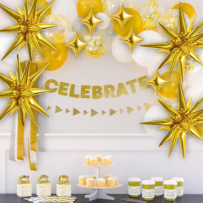 TONIFUL 18Pcs 22Inch Gold Large Explosion Star Mylar Balloons and 10Inch Four - Image 4