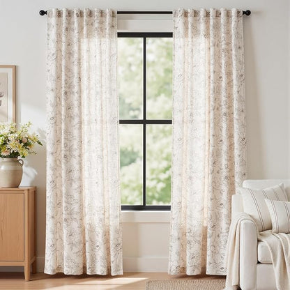 jinchan Linen Floral Curtains for Living Room 84 Inch Length Taupe Flower by JINCHAN