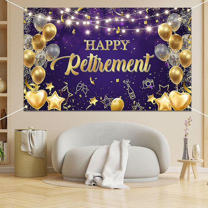 Happy Retirement Backdrop Purple and Gold Happy Retirement Sign Banner Photo - Image 5