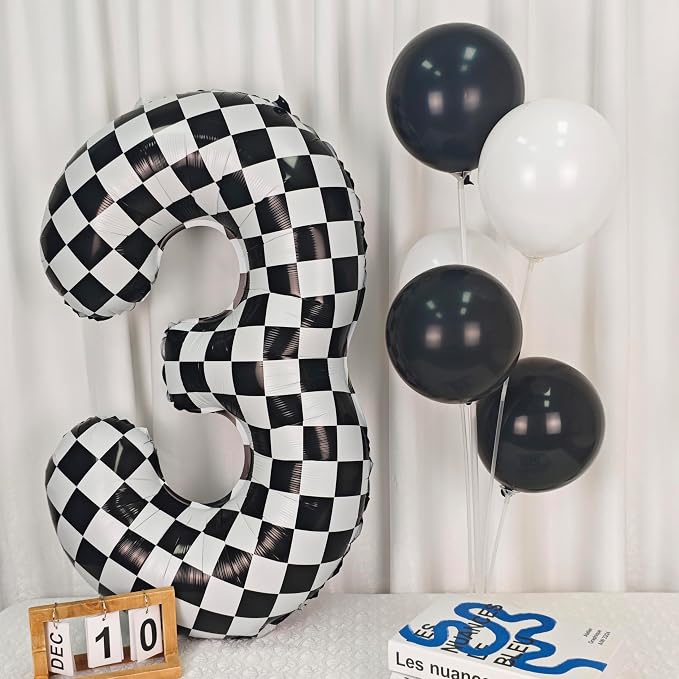 40In Black White Checkered Number 3 Balloon Race Car Digital Foil 3 Balloon | - Image 4