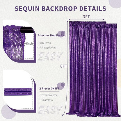 Purple Halloween Backdrop Purple Glitter Sequin Backdrop 2 Pieces 3x8FT | - Image 3