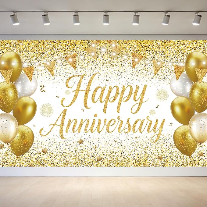 White Gold Happy Anniversary Banner Large Backdrop Decorations, Church or Work by Unknown