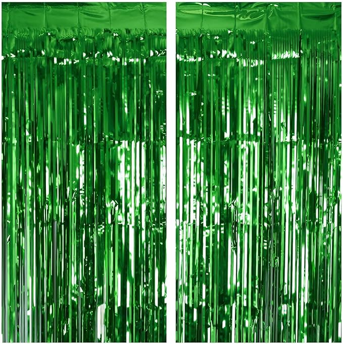 2 Pack Green Tinsel Curtain Party Backdrop, 3.2Ft x 8.2Ft Metallic Tinsel Foil by welcomePIGETALE