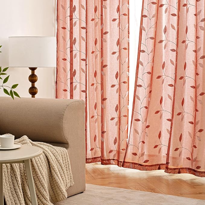 MIULEE Terracotta Sheer Fall Curtains 2 Panels Leaf Patterned, W52 x L45 | - Image 3