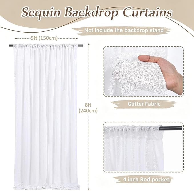 White Sequin Backdrop Curtains-1 Panel 5FTx8FT White Backdrop - Image 2
